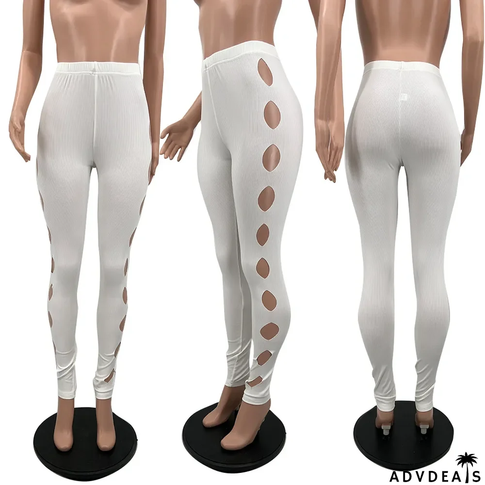 Solid Sexy Hole Skinny Pencil Pants