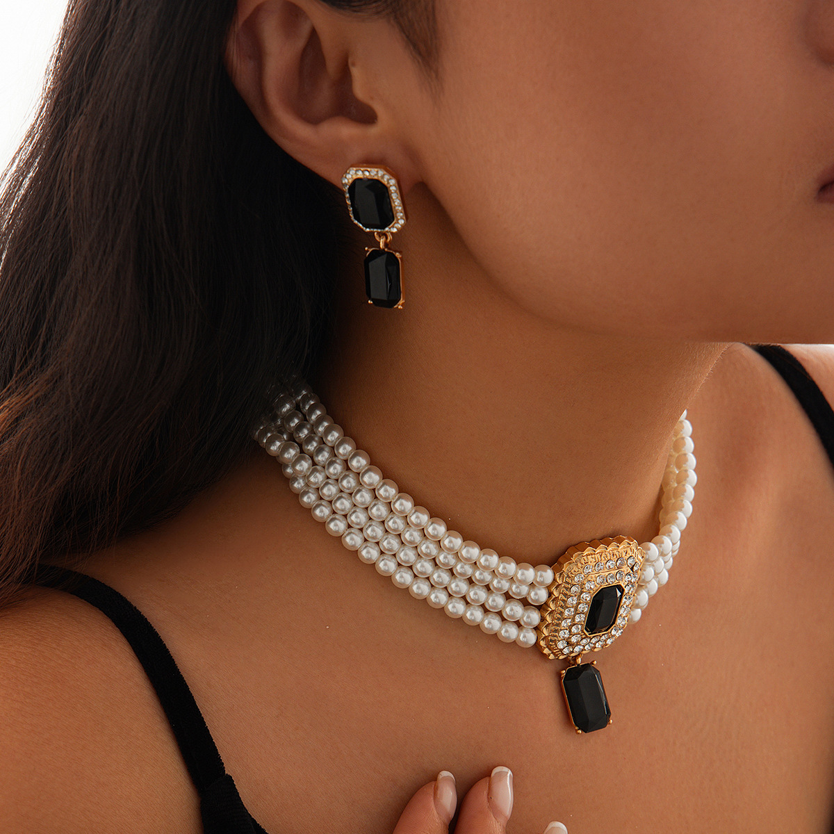 Fashionable Green And Gold Rhinestone Multi-Layer Imitation Pearl Two Piece Jewelry Set 2024 - Flycurvy 