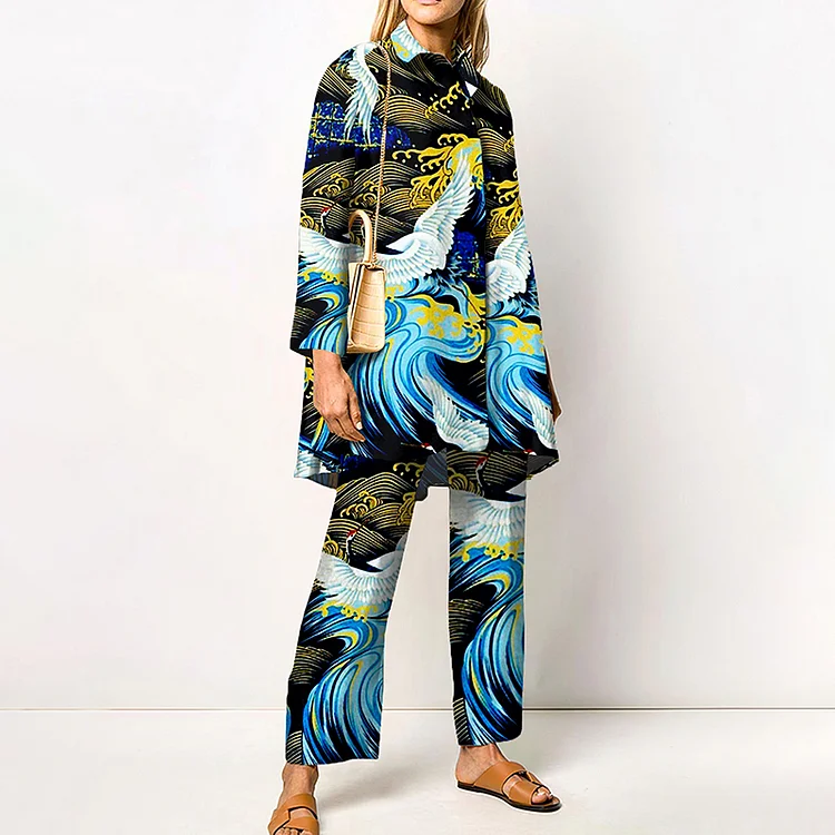 Vintage Fashion Print Shirt Two Piece Set