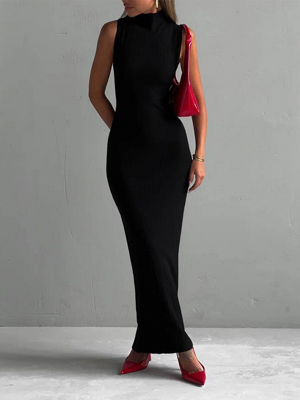 High Neck Sleeveless Solid Color Midi Dress
