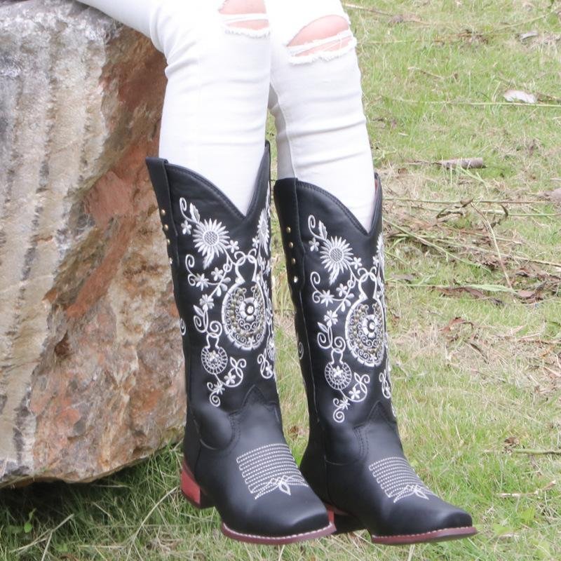 Square Toe Floral Embroidery Rhinestones Western Boots for Women