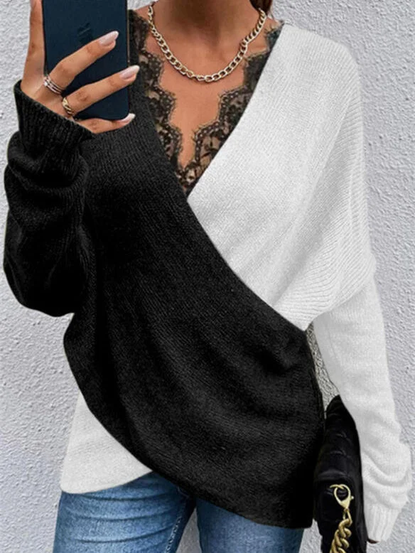 Women plus size clothing Women Long Sleeve V-neck Lace Stitching Knit Sweater Top-Nordswear