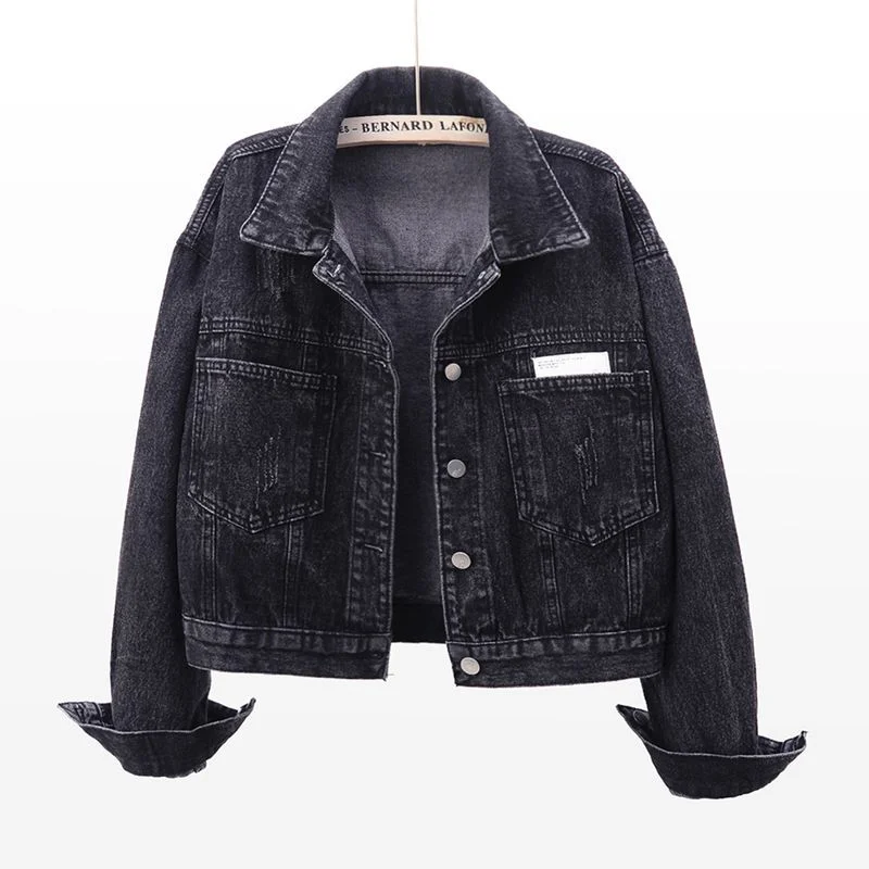 Toloer Toloer Goods Long Sleeve Denim Jacket Female Short Fall 2024 New Joker Cloth Pocket Loose Jacket Jacket-Outfit Ideas