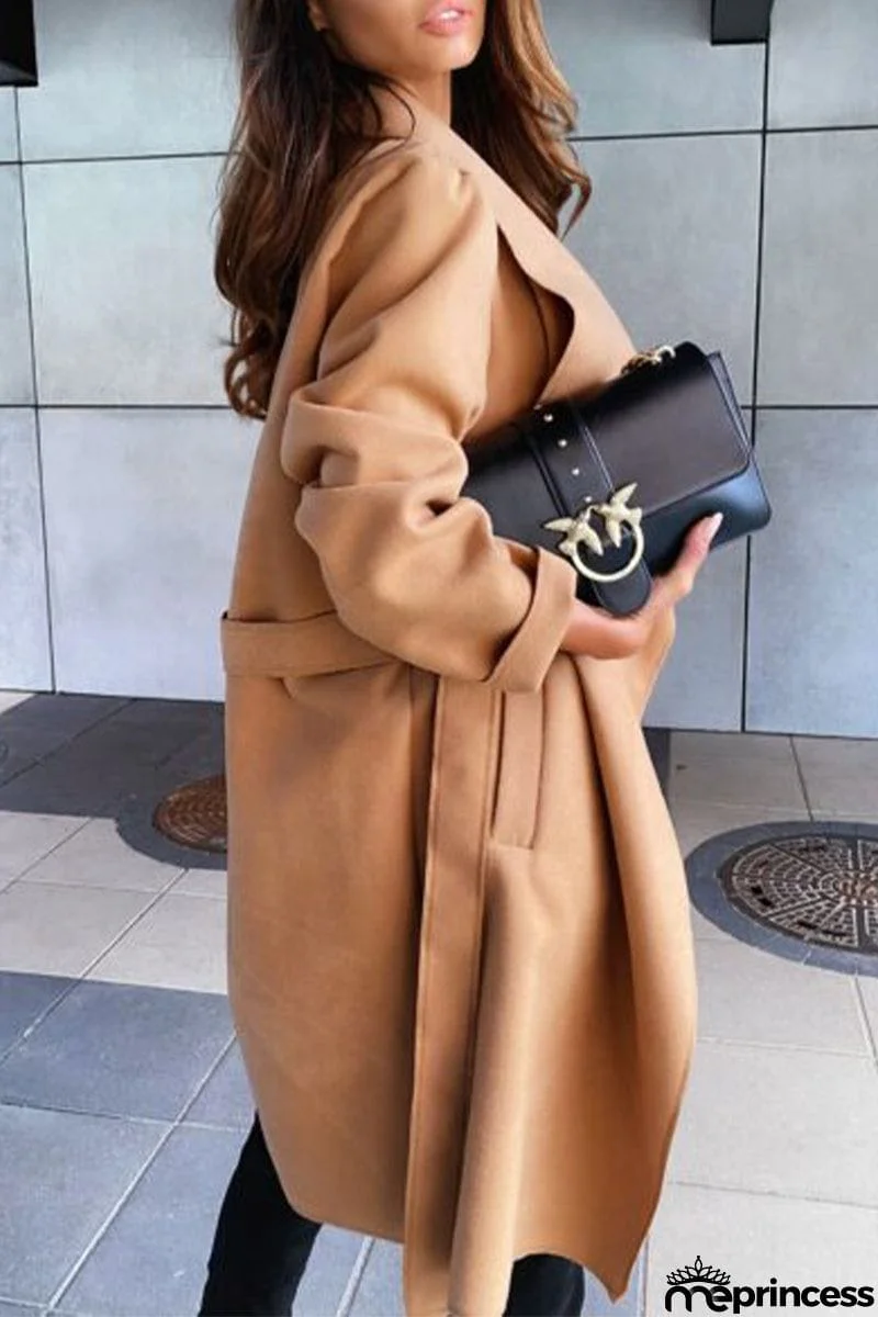 British Style Elegant Solid Bandage Turndown Collar Outerwear