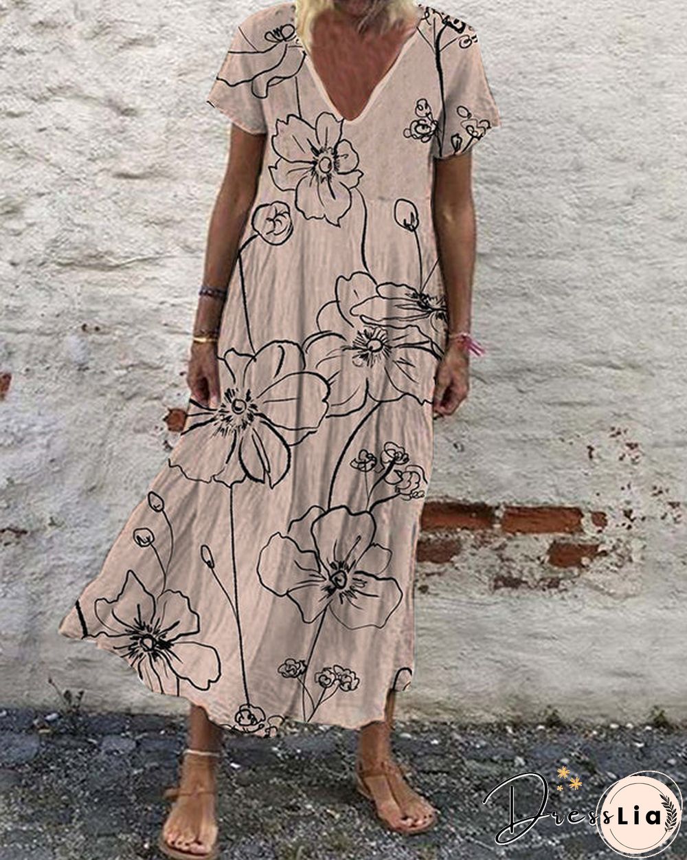 Casual Vintage Print Loose V-Neck Short Sleeve Maxi Dress