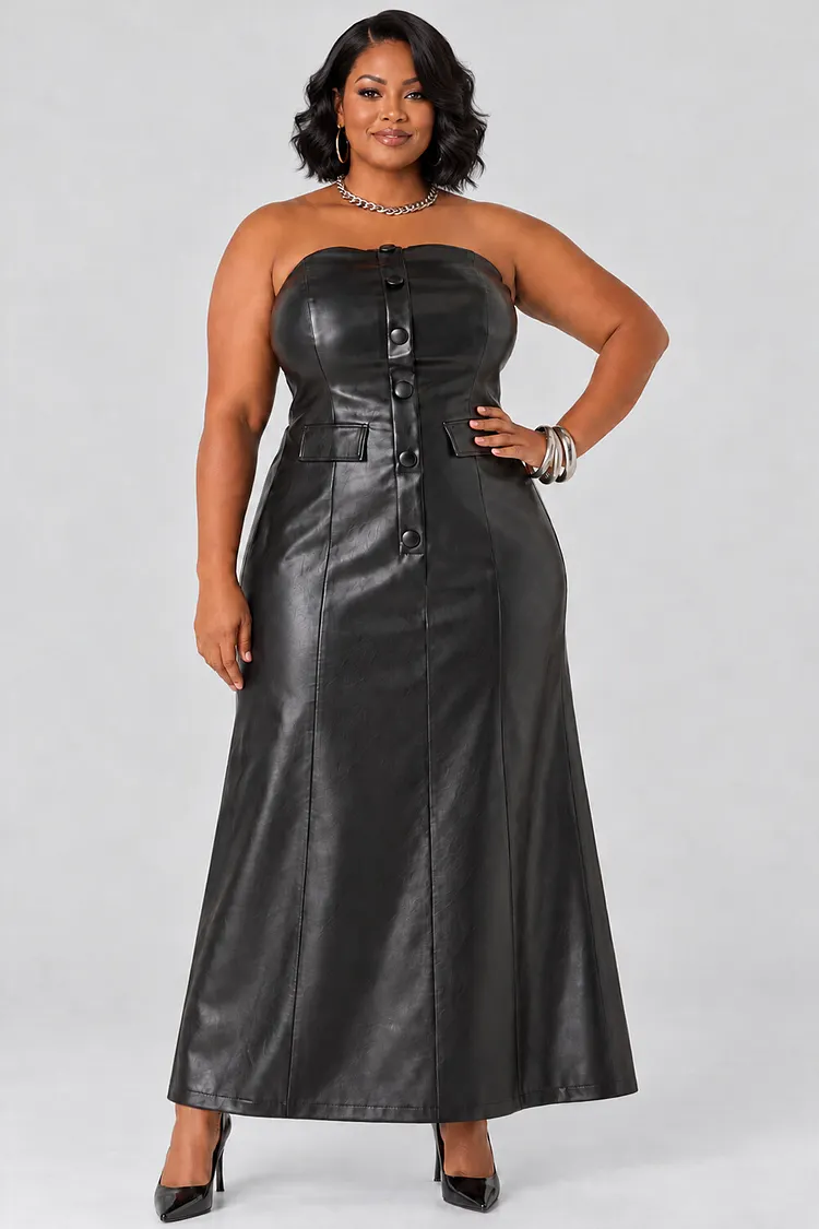 Xpluswear Design Plus Size Party Black Smocking PU Leather Maxi Dresses [Pre-Order] 2024 - Xpluswear