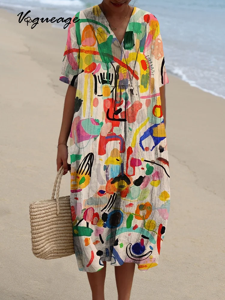 Interesting Creative Patterns Printed Women's Casual Cotton And Linen Dress