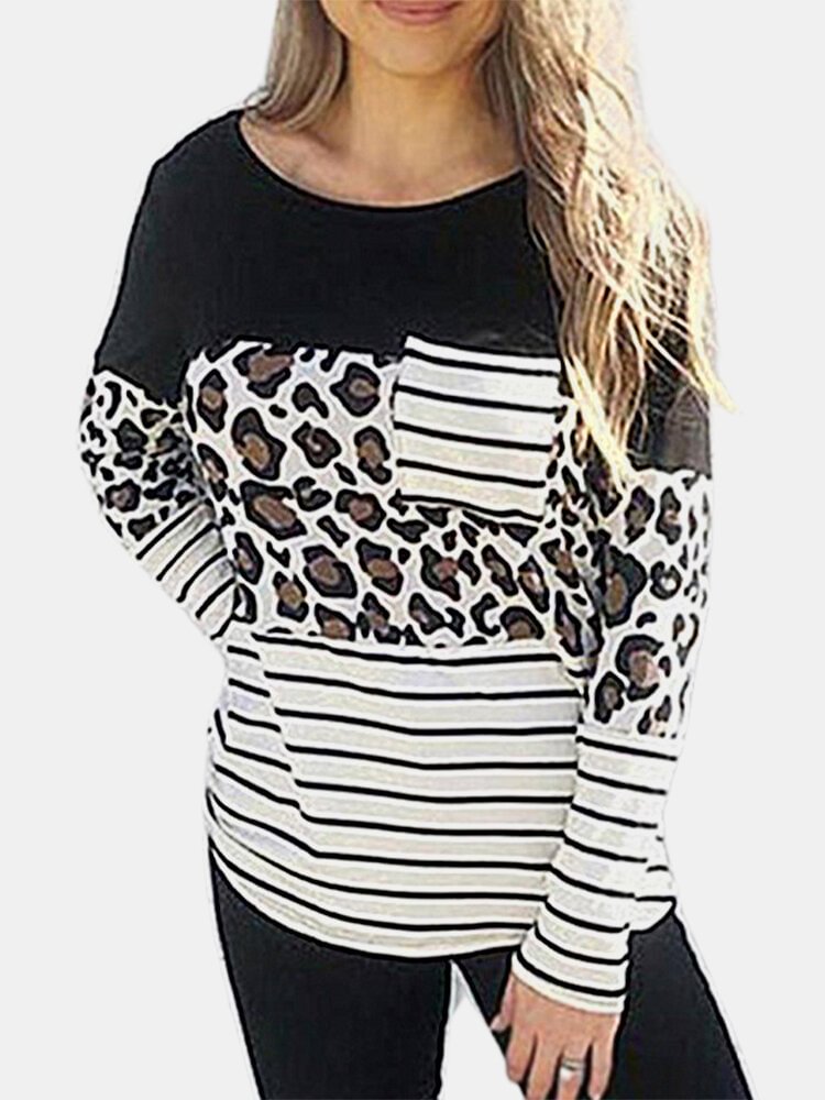 Patch Leopard Stripe Printed Long Sleeve Casual T Shirt For Women P1771966