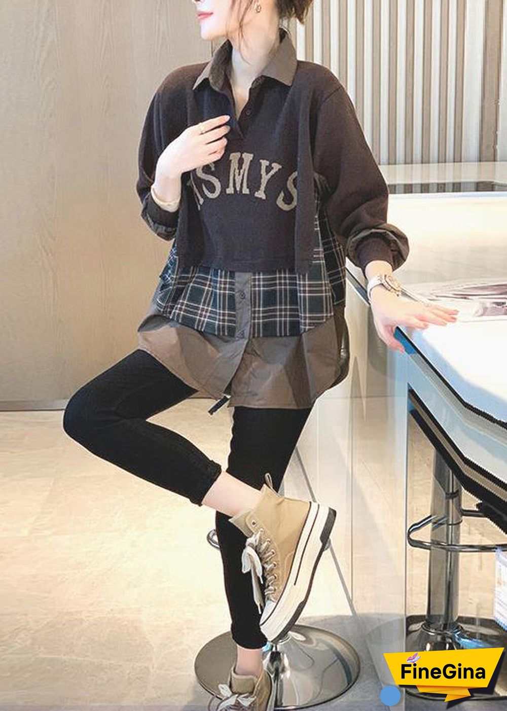 Stylish Brown O Neck False Two Pieces Patchwork Cotton T Shirt Spring