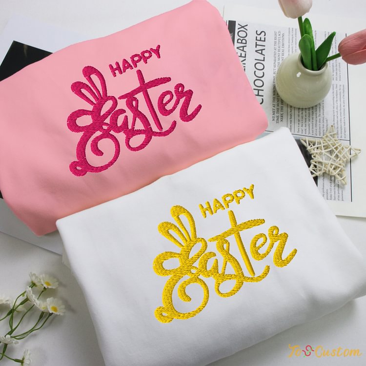 TOSCUSTOM™ Embroidered Happy Easter Bunny Sweatshirt Letter Funny Cute Hoodie