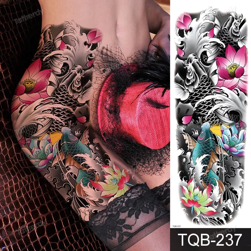 sexy temporary tattoo large body art thigh leg arm sleeve tattoo sticker fish dragon totem lotus peony flower tatoo fake water