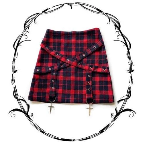Red Grid Gothic Cross Laced Skirt S12772