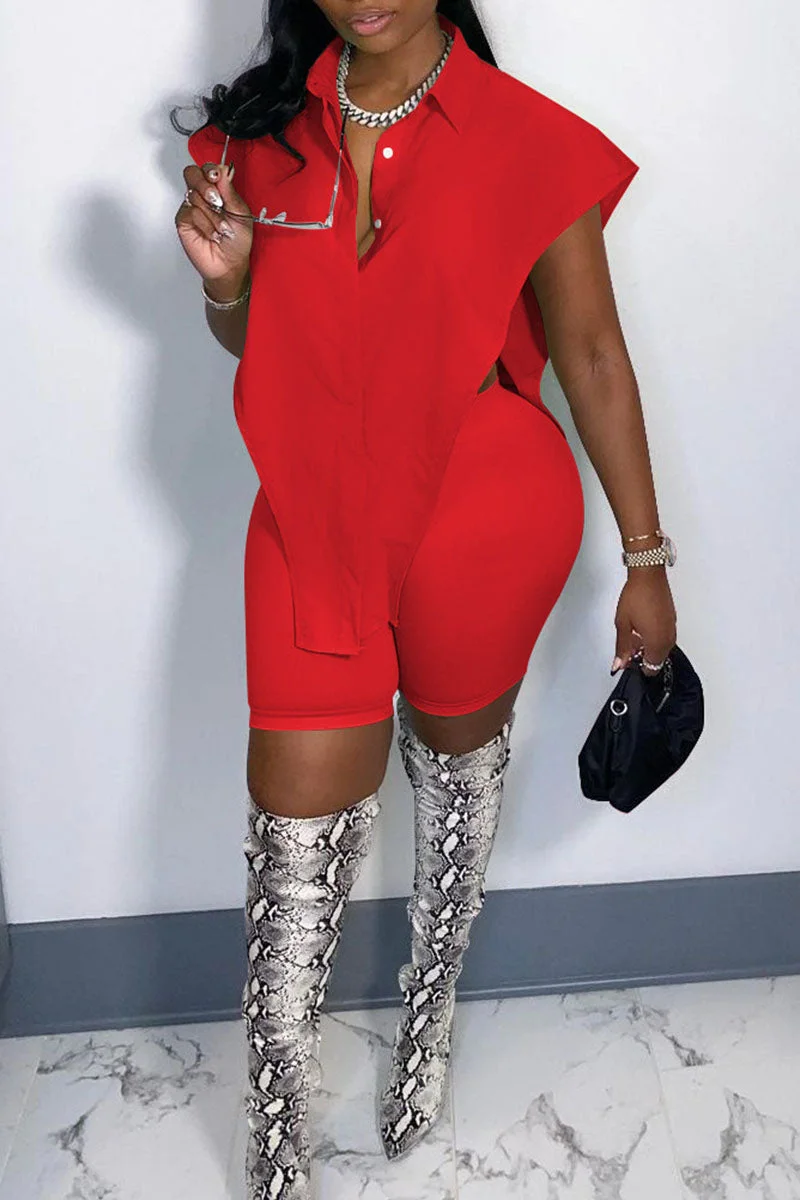 Sexy Street Solid Split Joint Buckle Asymmetrical Turndown Collar Sleeveless Two Pieces