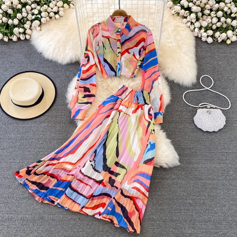 Spring Autumn New Casual Fashion Suit Women's Long-sleeved Printed Chiffon Shirt Two-piece High-waist Pleated Skirt KK1833