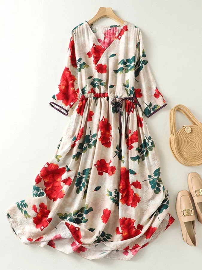 Elegant Printed V-Neck Waist Up Dress
