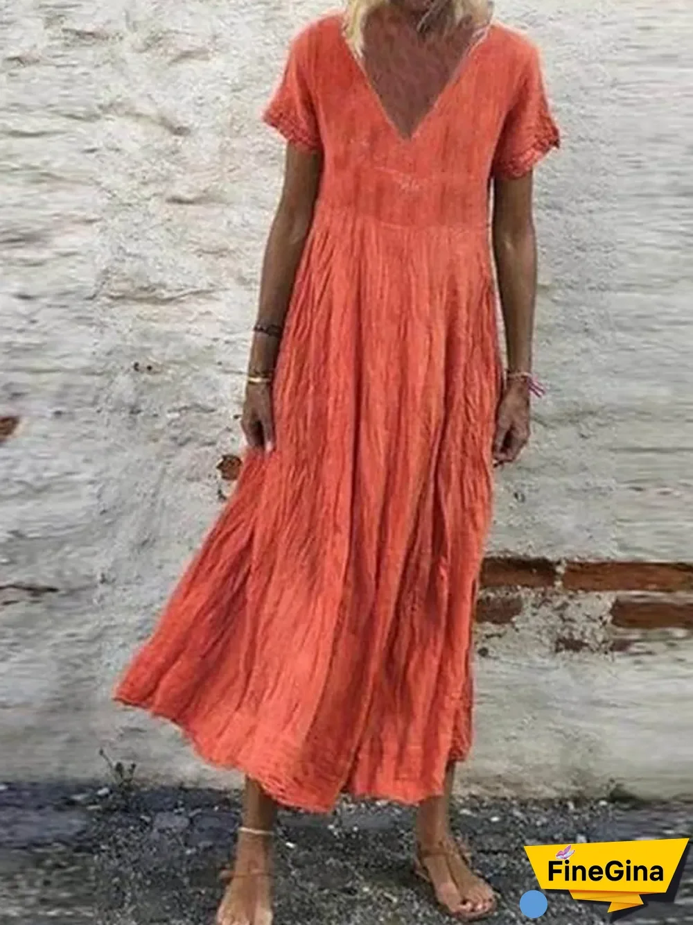 Women's Plus Size A-Line Dress Midi Dress - Short Sleeves Summer V Neck Casual  White Black Yellow Orange Green S M L XL XXL XXXL XXXXL XXXXXL White Dresses Linen