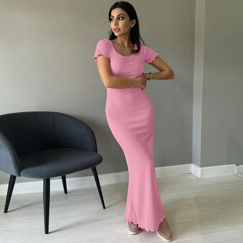 Uveng Uveng Summer New Women's Solid Color Temperament U Collar Short Sleeve Slim Long Dress Female