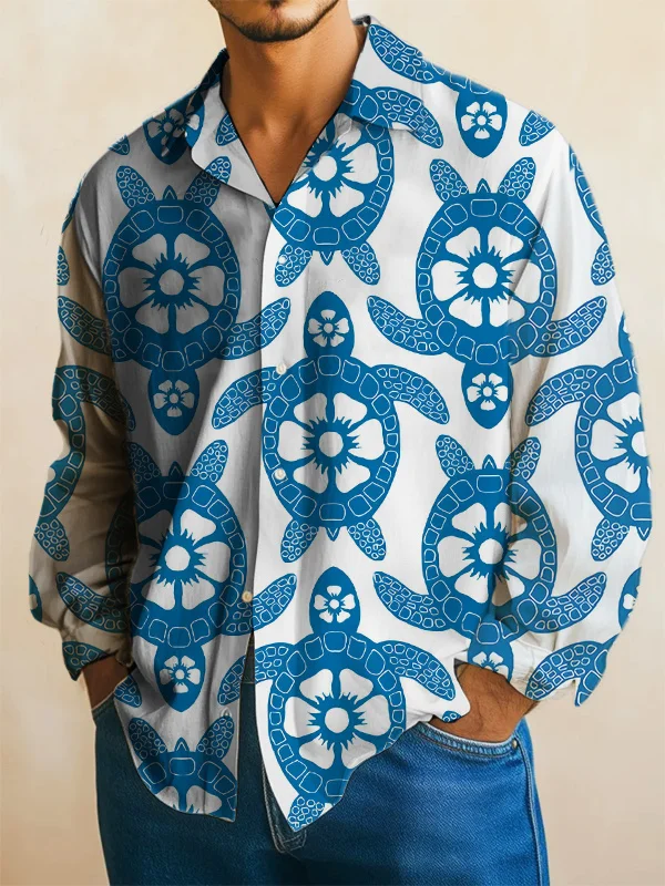 Men's Geometric Art Floral Turtle Print Long Sleeve Shirt