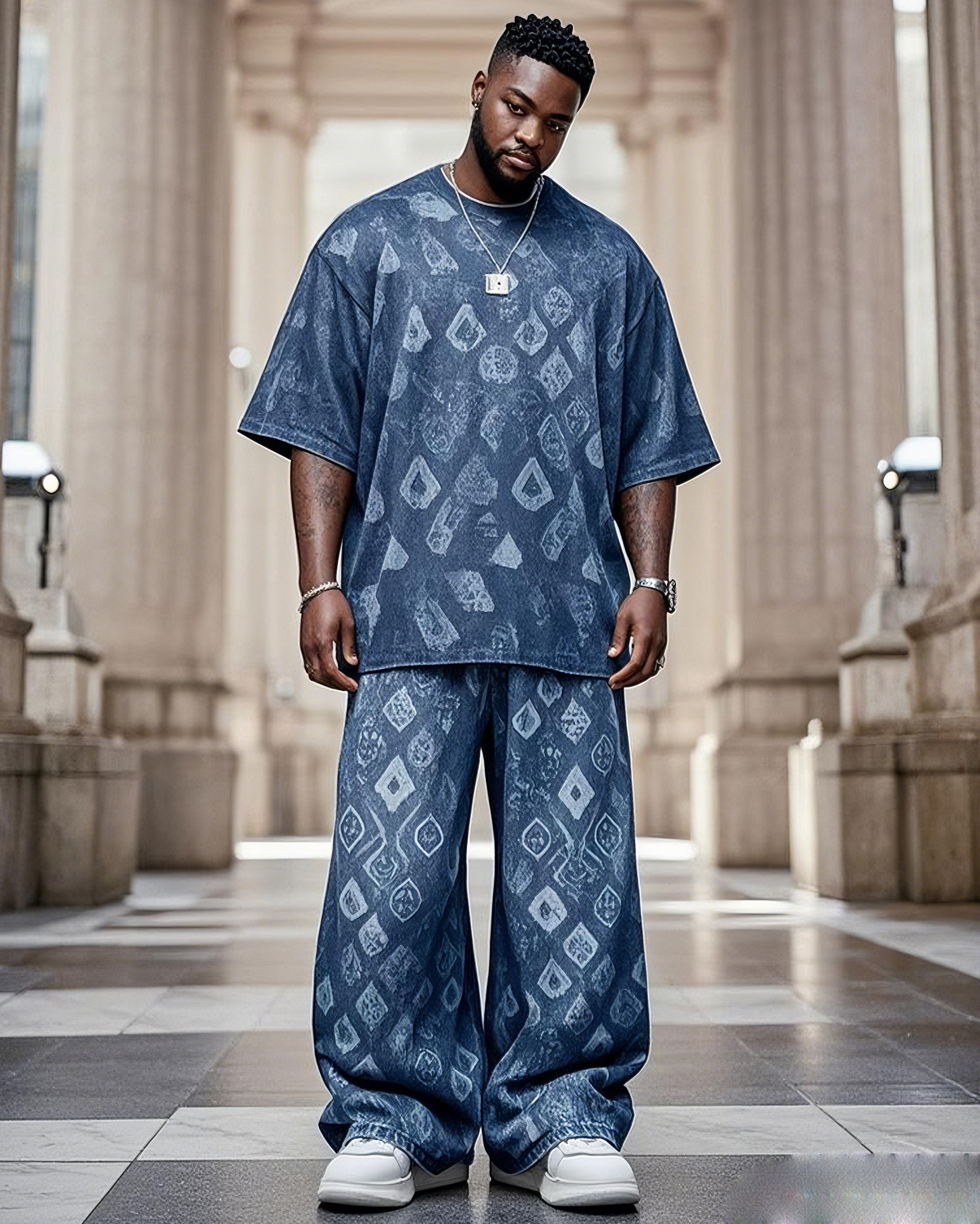 Plus Size Men's Blue And White Square Printed Casual Short-sleeved T-shirt Pants Suit