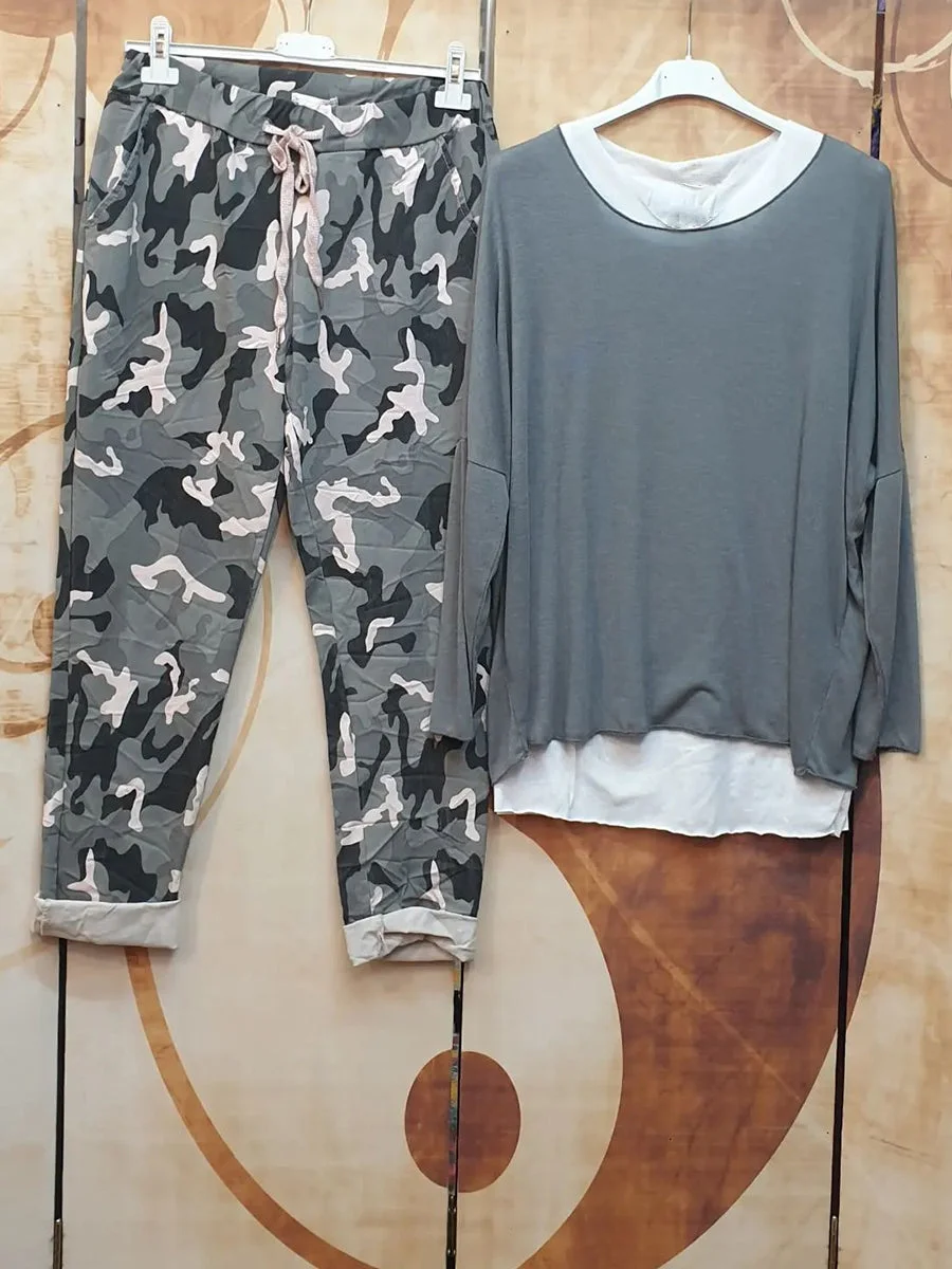 Casual Crew Neck Top And Camouflage Pants Set