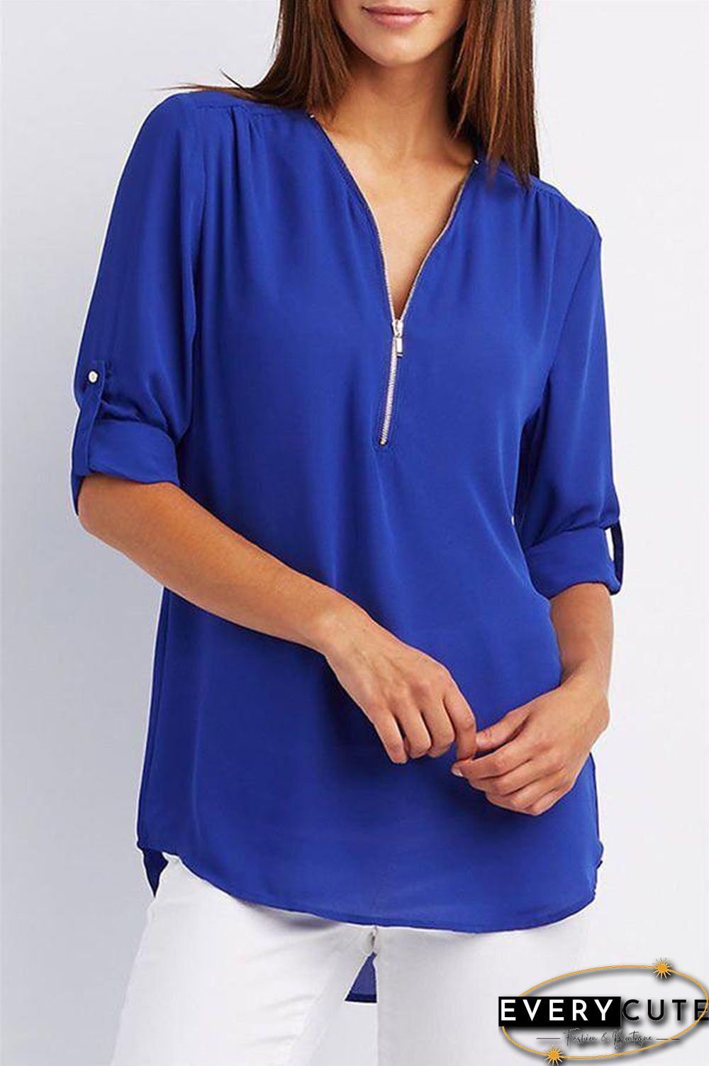 Chiffon Half Sleeve Zipper Solid V neck High Low Blouse