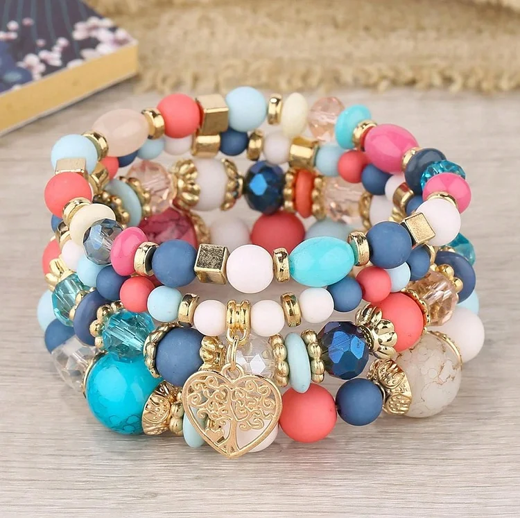 New Bohemian Ethnic Style Crystal Peach Heart Multi Layer Bracelet With Hollow Beads For Women