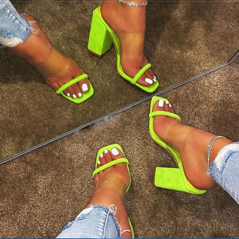 Women Sandals Transparent Sandals Ladies High Heel Slippers Candy Color Open Toes Thick Heel Fashion Female Slides Summer Shoes