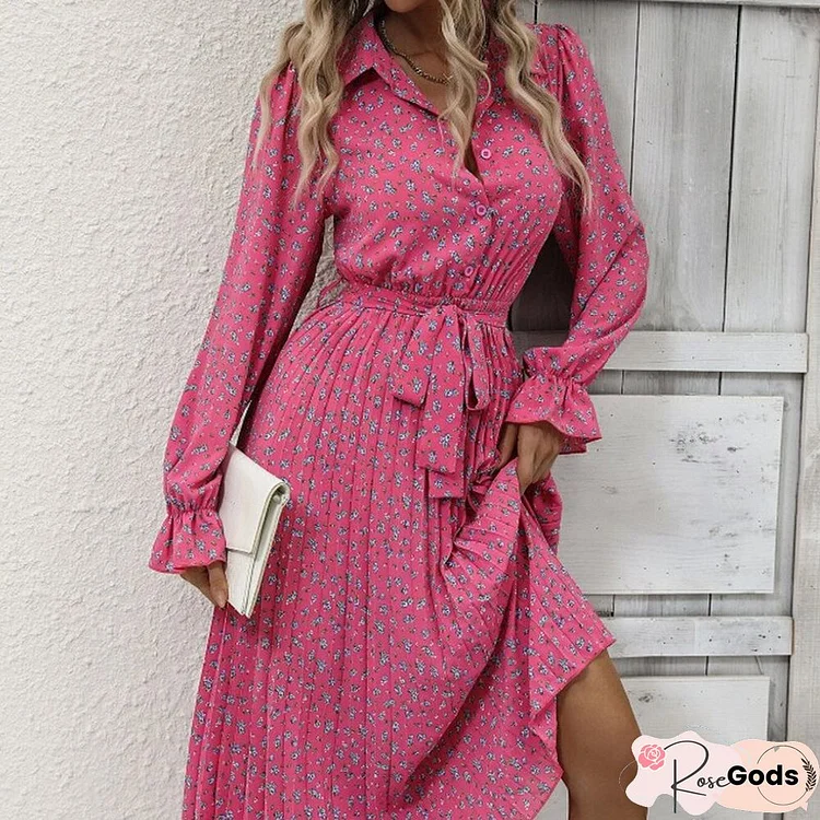 Lady Lapel Bottom High Waist Draped Dress Elegant Floral Print Lace-Up Long Dress Fashion Autumn Long Sleeve Pleated Party Dress