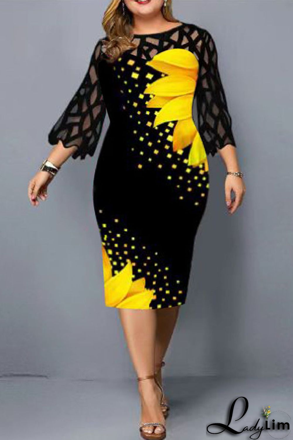 White Fashion Casual Print Lace Split Joint O Neck Printed Dress Plus Size Dresses