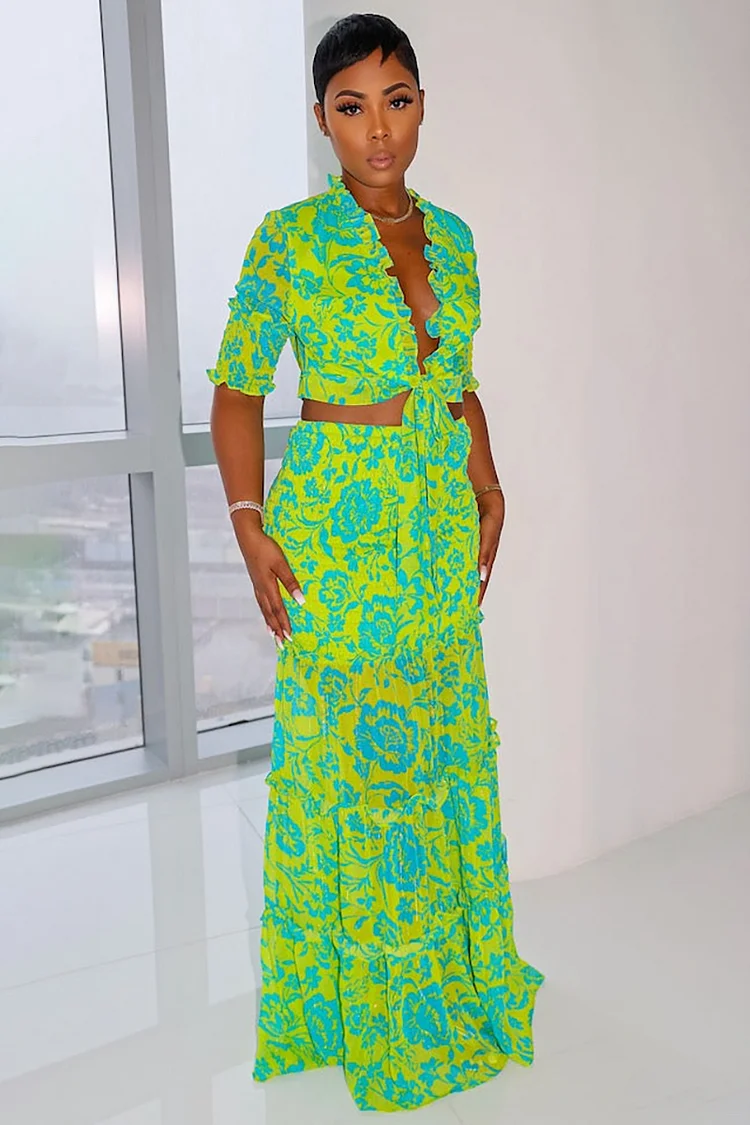 Floral Print Deep V Neck Crop Top Tiered Ruffled Maxi Skirt Vacation 2pc Set [Pre Order]
