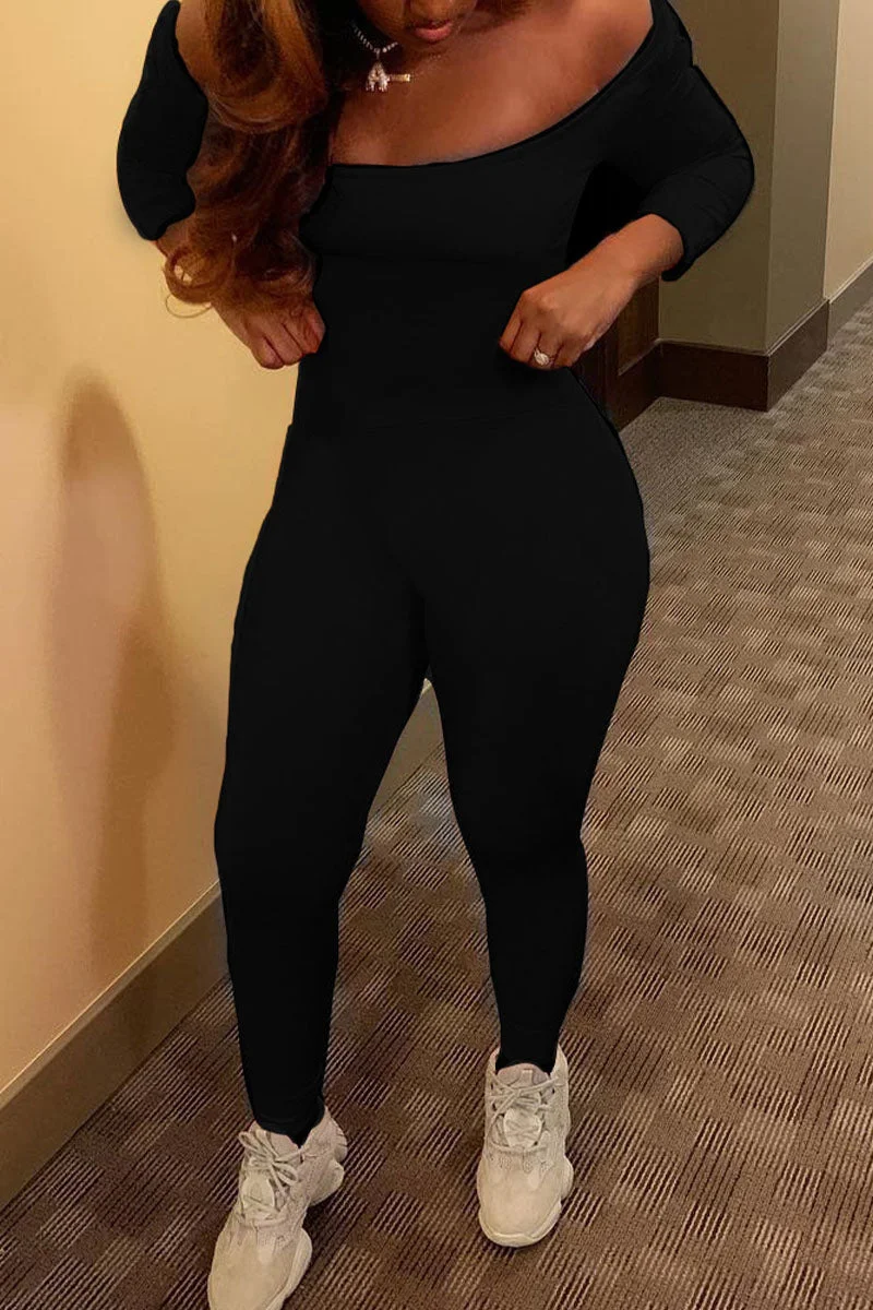 Sexy Solid Split Joint Off the Shoulder Skinny Jumpsuits
