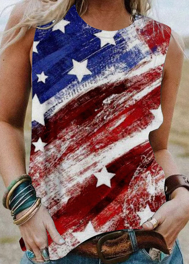 VCSHOES Colorblock O-Neck Independence Day Print Cotton Tank Sleeveless