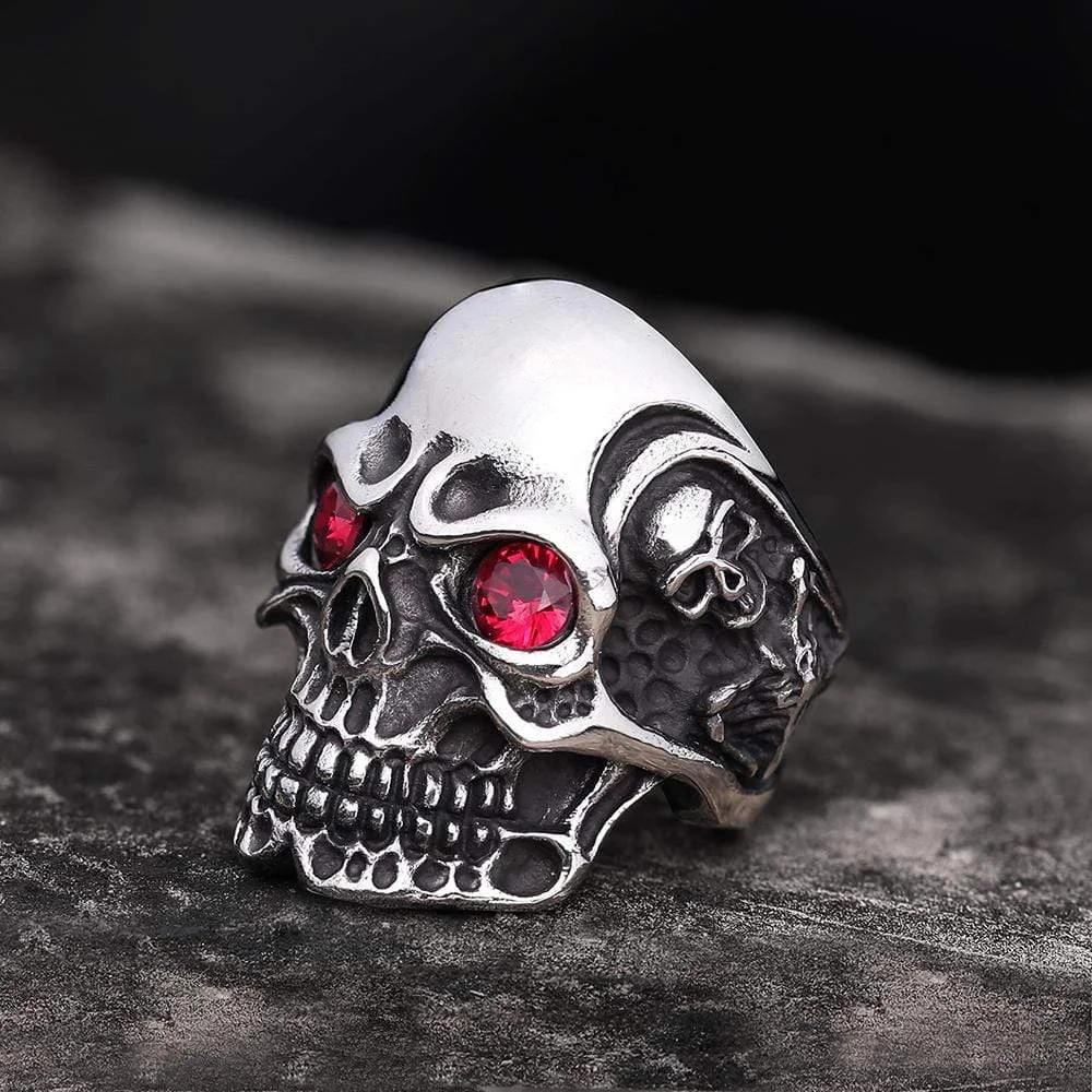 Ruby & Sapphire Eye Stainless Steel Skull Ring