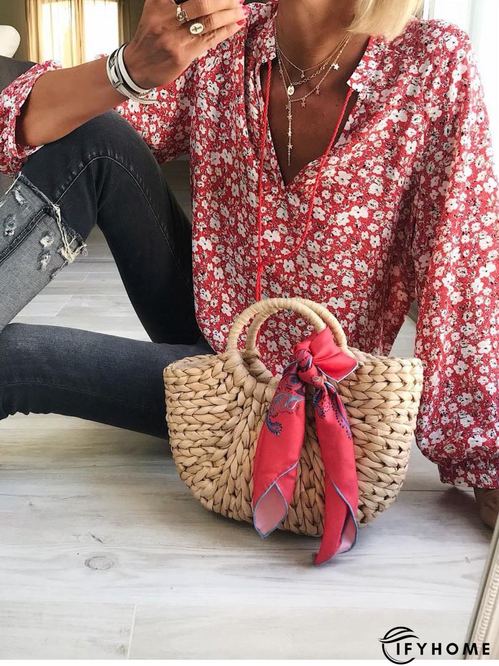 Boho Floral-Print V Neck Floral Shirts & Tops | IFYHOME