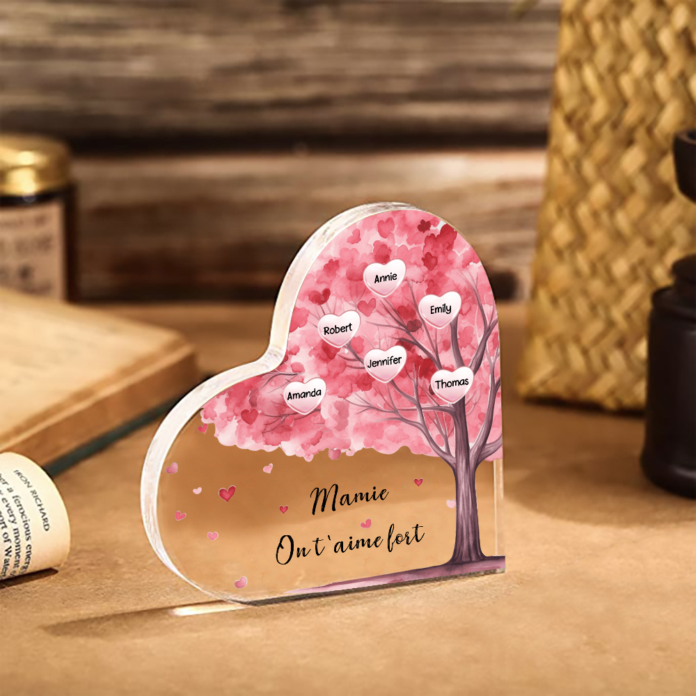 À ma Maman/Mamie - Plaque Acrylique Arbre en Forme de Cœur 6 Prénoms Personnalisés avec 1 Texte