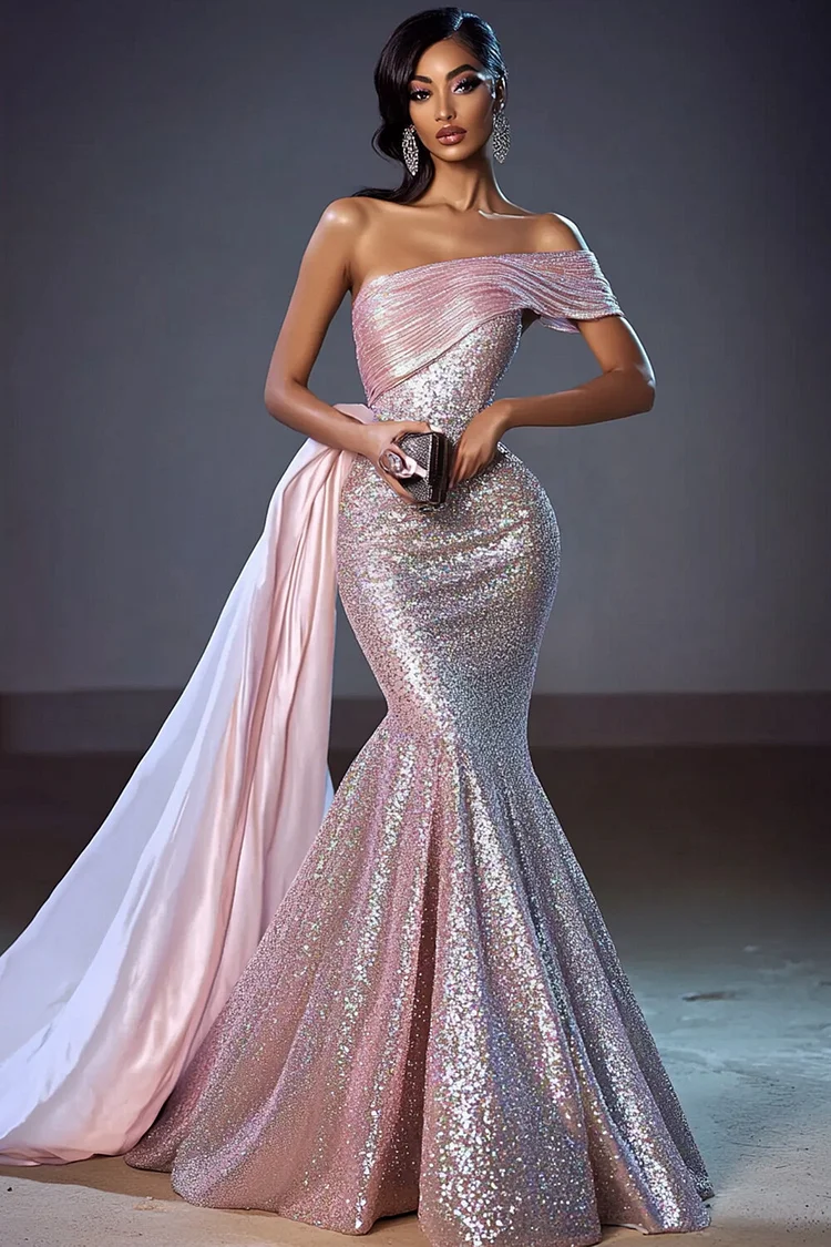 Sequin Overskirt Fishtail Maxi Dress-Pink [Custom-Made]