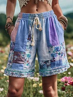 Women's Patchwork Floral Contrast Waist Drawstring Pocket Shorts - Image 4