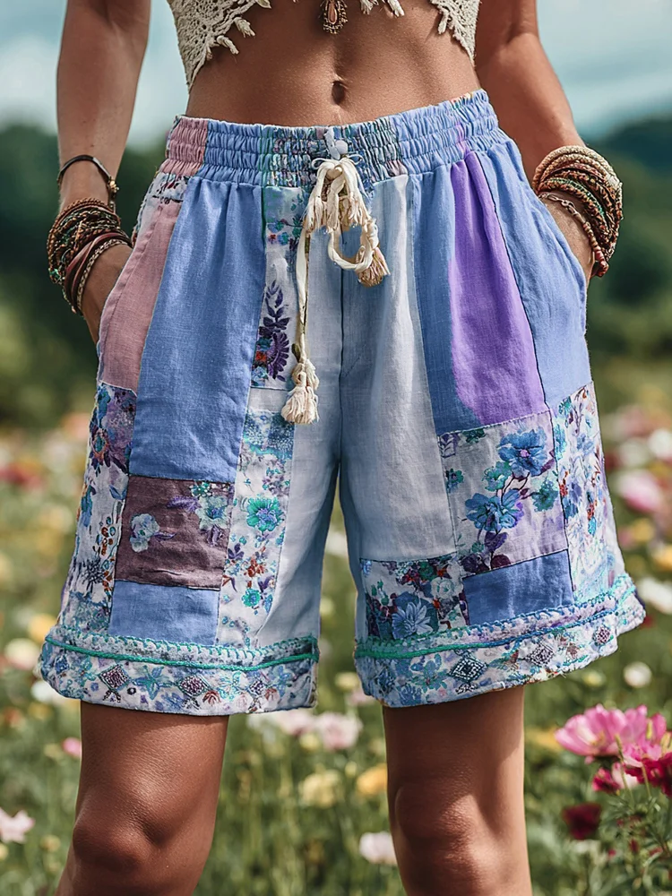 VChics Women's Patchwork Floral Contrast Waist Drawstring Pocket Shorts