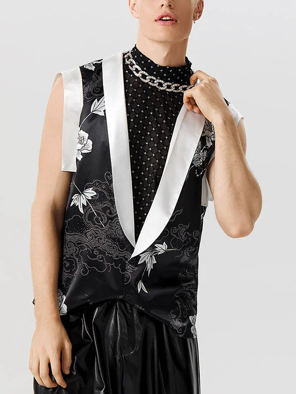 Aonga - Mens Floral Print V-Neck Contrast Patchwork Vest