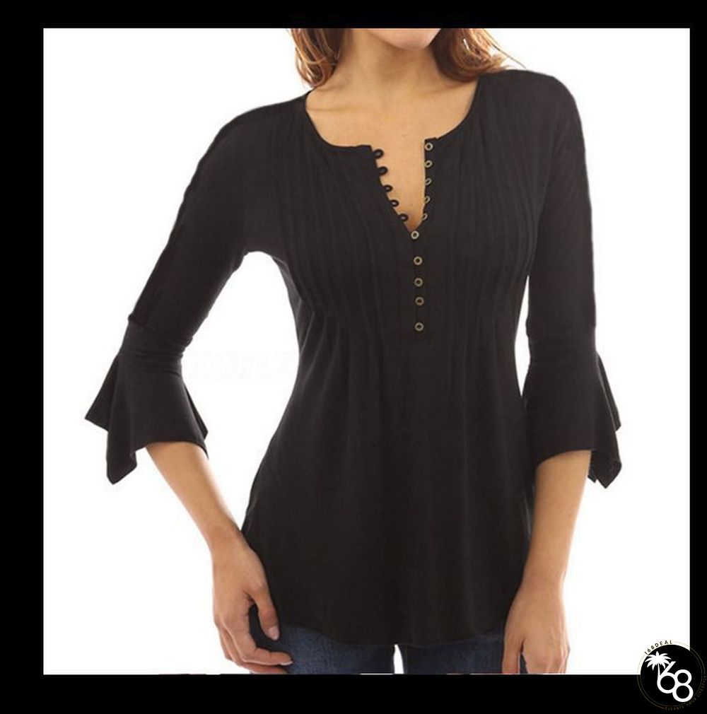 Women's 3/4 Flare Sleeve V-neck Pleated Solid Blouses | 168DEAL
