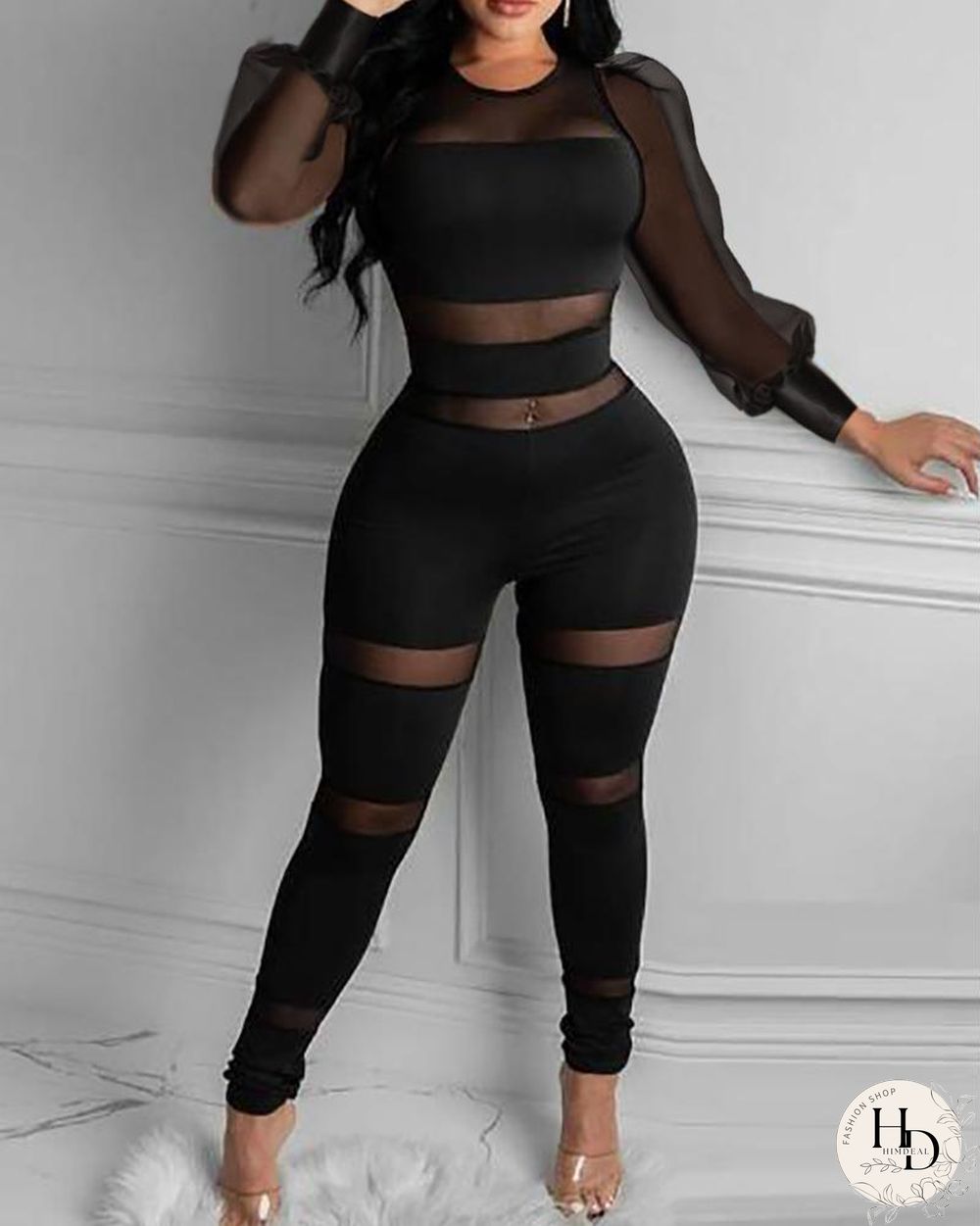 Sheer Mesh Long Sleeve Skinny Jumpsuit P14721