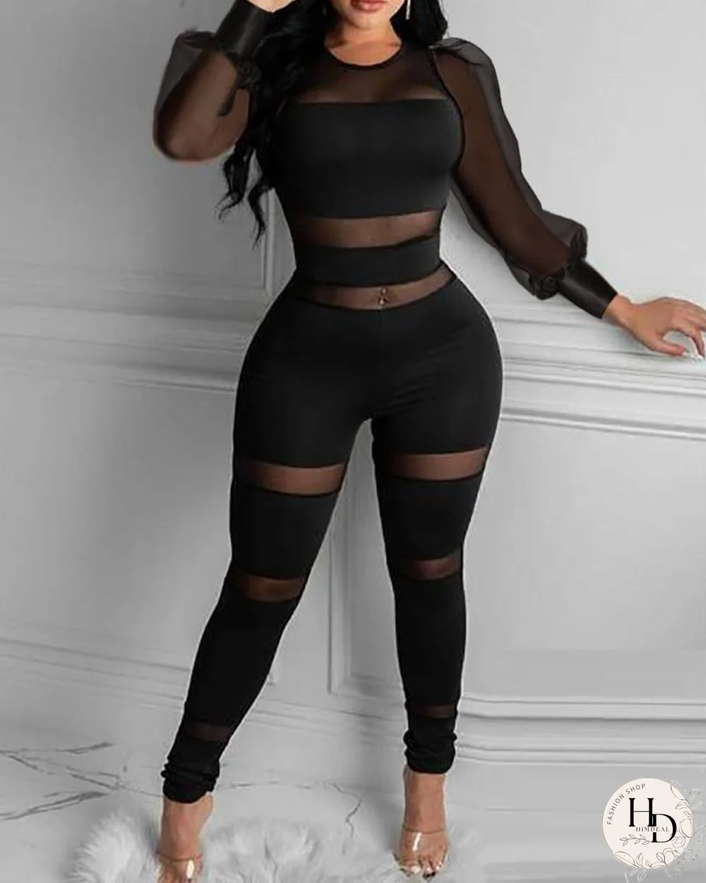 Sheer Mesh Long Sleeve Skinny Jumpsuit P14721