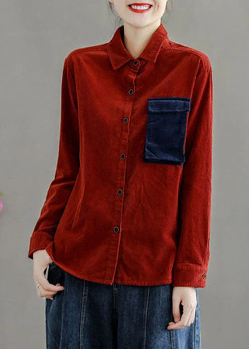 Art Red Peter Pan Collar Patchwork Pocket Corduroy Shirts Long Sleeve