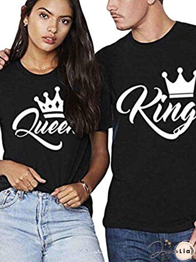 T shirt Tee black Men's black white Letter Print Short Sleeve Daily Basic Casual Round Neck King and Queen S for Women