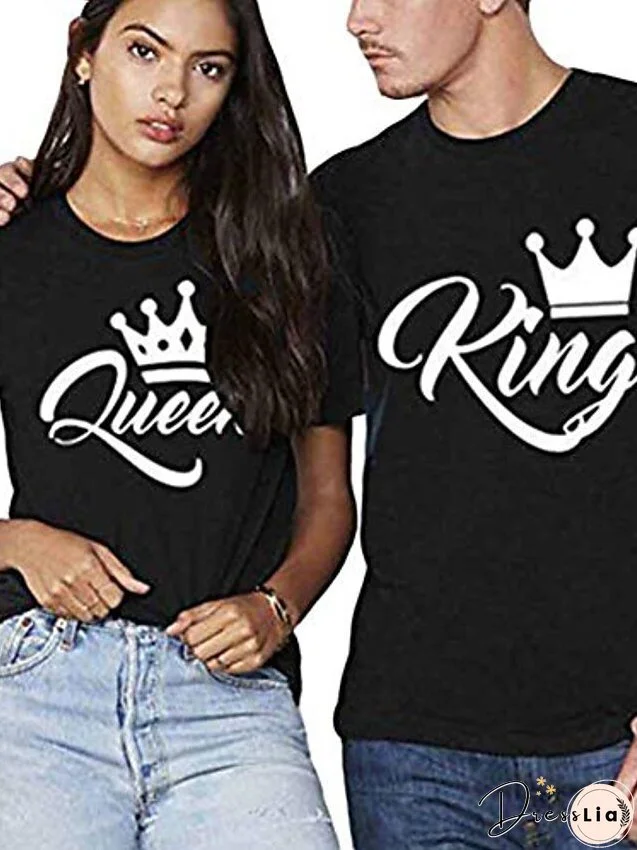 T shirt Tee black Men's black white Letter Print Short Sleeve Daily Basic Casual Round Neck King and Queen S for Women
