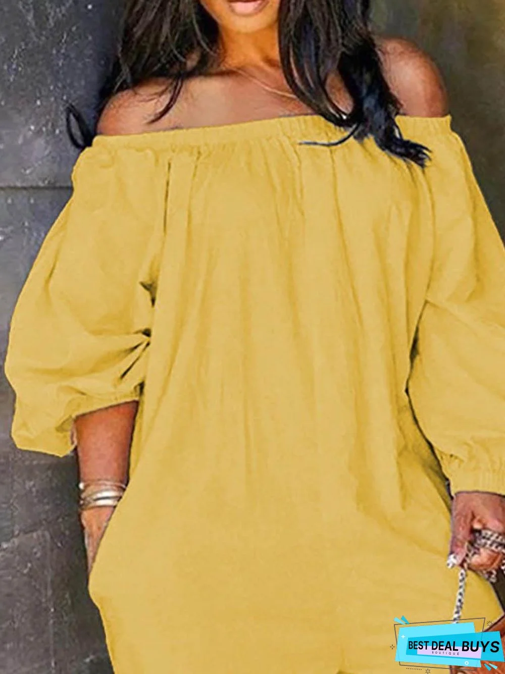 Off Shoulder Solid Lantern Sleeve Jumpsuit