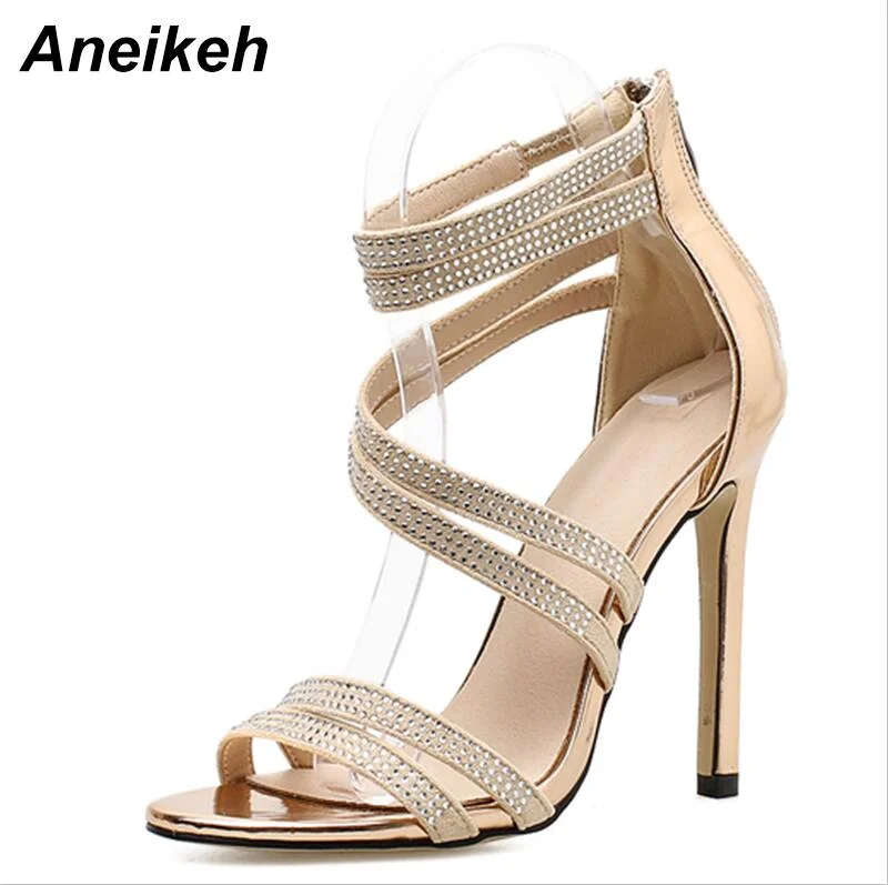 Aneikeh Gold Bling Crystal Sexy Women Sandals Open Toe Rhinestone Straps Cross High Heel Sandals Wedding Dress Shoes Size 35-40