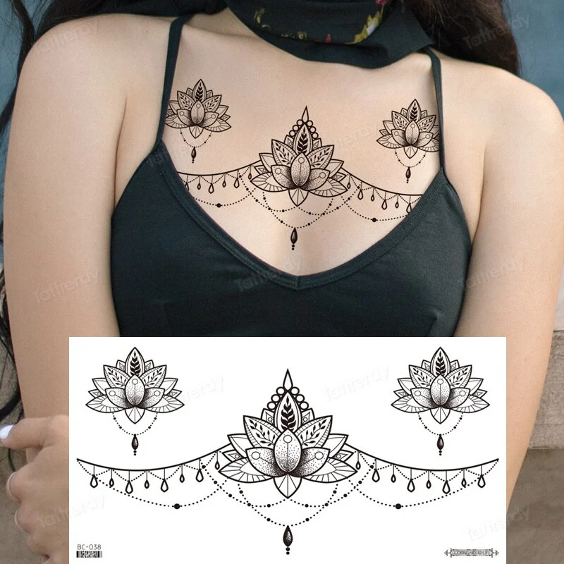 Sdrawing Henna Mandala Chest Temporary Tattoos For Women Underboob Adult Butterfly Turtle Lion Fake Tattoo Sexy Waterproof Tatoos
