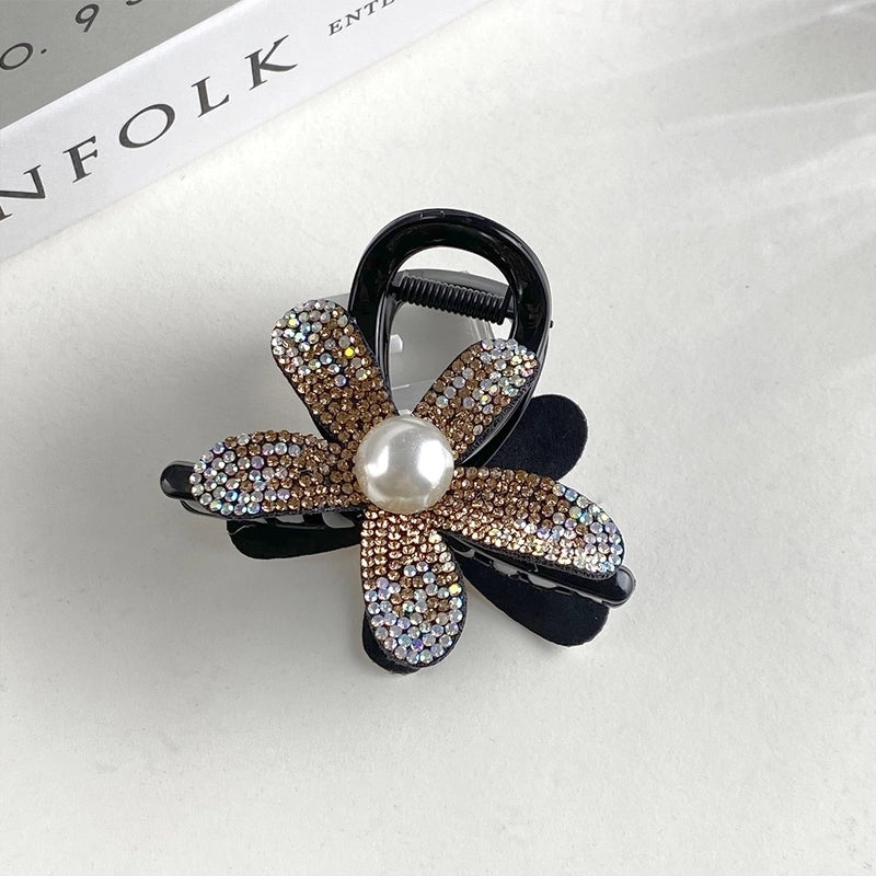 Women’s Elegant Sweet Korean Style Flower Petal Plastic Inlay Artificial Pearls Rhinestones Hair Clip Hair Claws