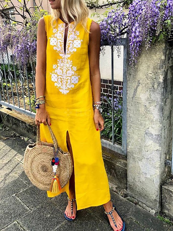 Boho Crew Neck Sleeveless Printed Dresses Zaesvini